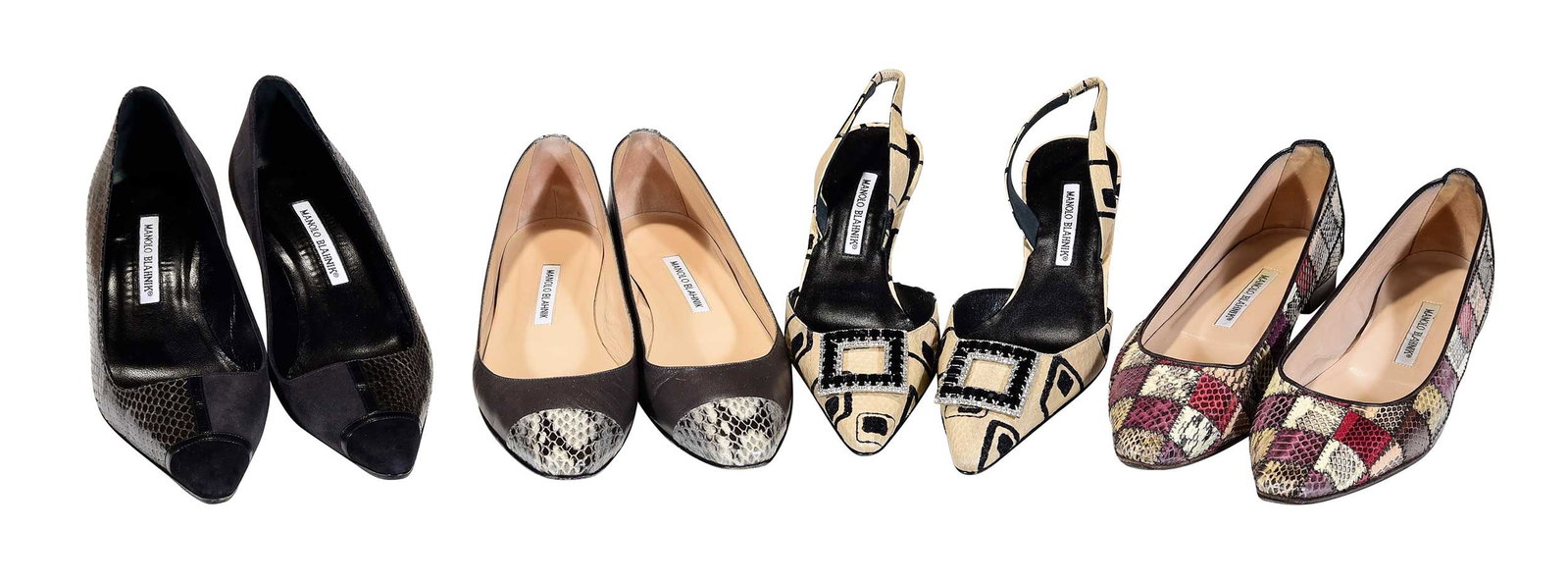 Four Pairs of Manolo Blahnik Ladies' Reptile Leather Shoes: Spain/Italy, all marked size "39-1/2" (US size 8-1/2 or 9), two pairs of heels and two of flats; in original boxes Provenance: Private Collection, Highlands, North Carolina