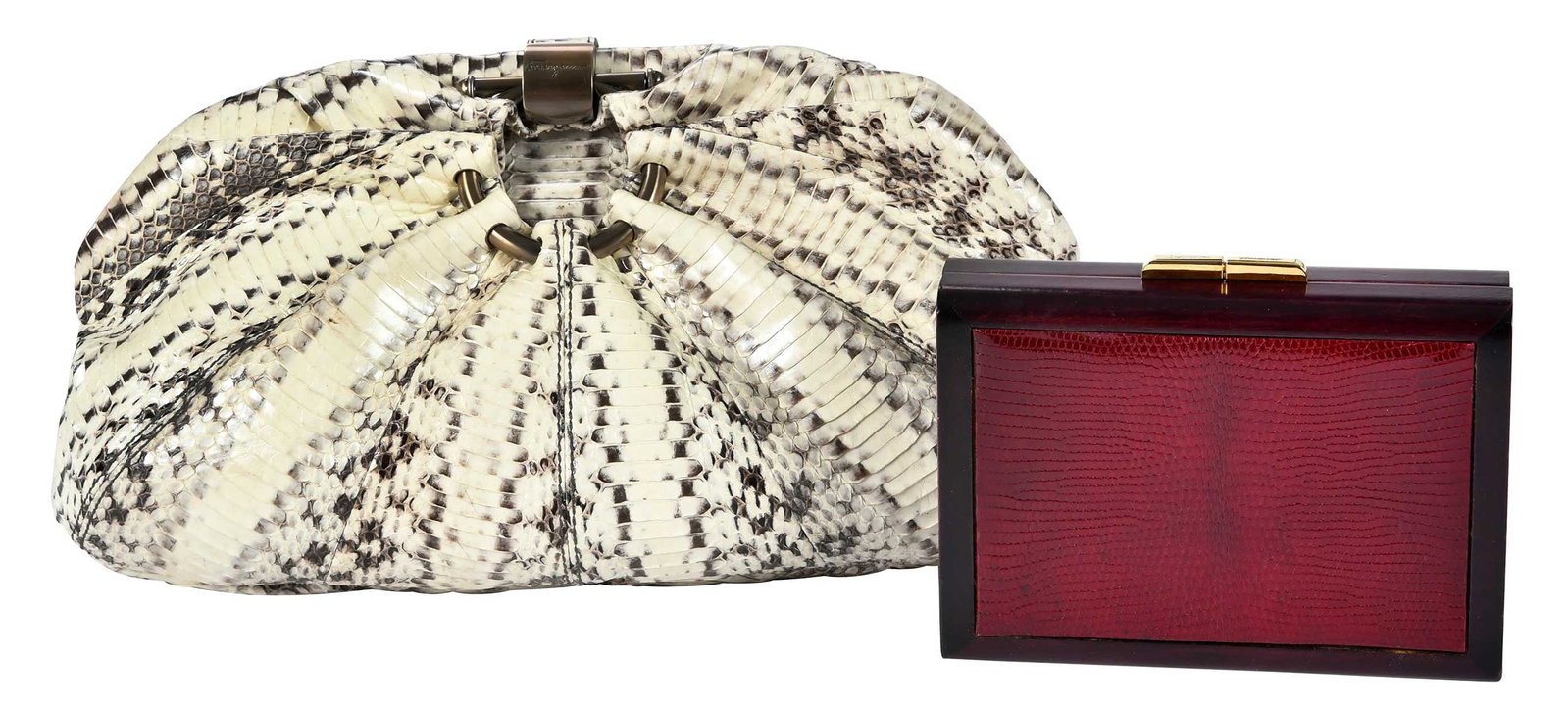 Two Salvatore Ferragamo Clutches: Italy, white python clutch with bronze tone latch, 7-1/2 x 14 x 3-1/2 in.; wood and embossed leather clutch with gold tone hardware and chain strap, 5 x 6-3/4 x 1-3/4 in., strap drop 20 in. Provenance
