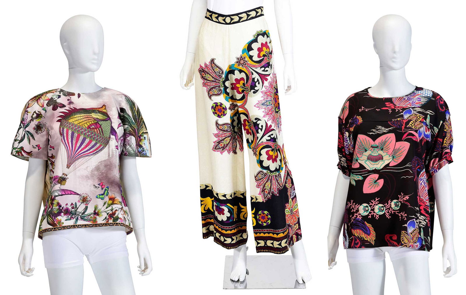 Two Etro Tops and a Pair of Pants: Italy, black silk blouse with lotus flower, tagged size "42", drop shoulder 20 in., length 23-3/4 in., sleeve 4-1/4 in.; white cotton blouse with whimsical hot air balloon motif, tagged size "48", sho