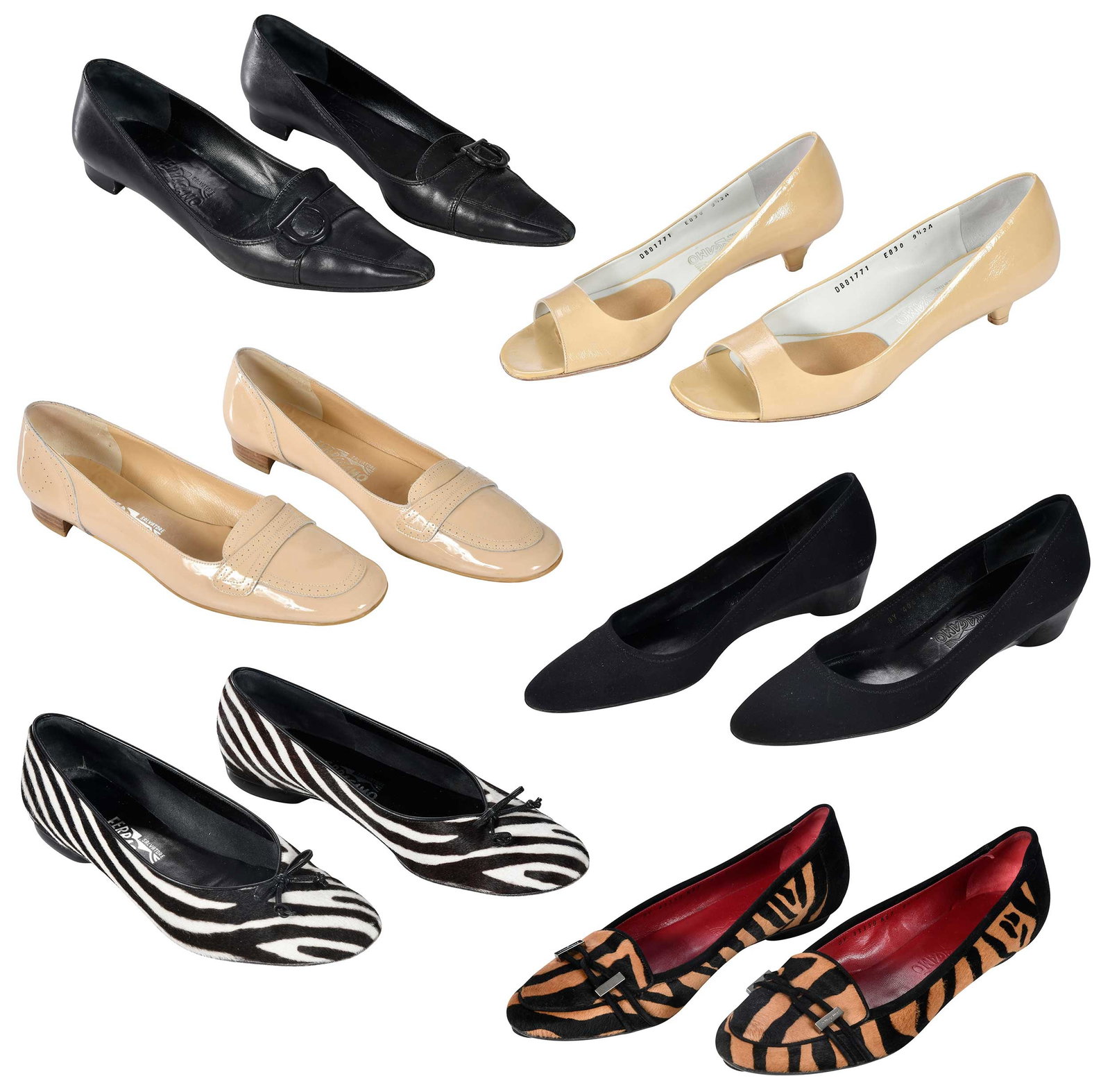 Six Pairs of Salvatore Ferragamo Ladies' Shoes: Florence, Italy, all size "9-1/2" or "9", four pairs of flats, two of heels; in original boxes Provenance: Private Collection, Highlands, North Carolina