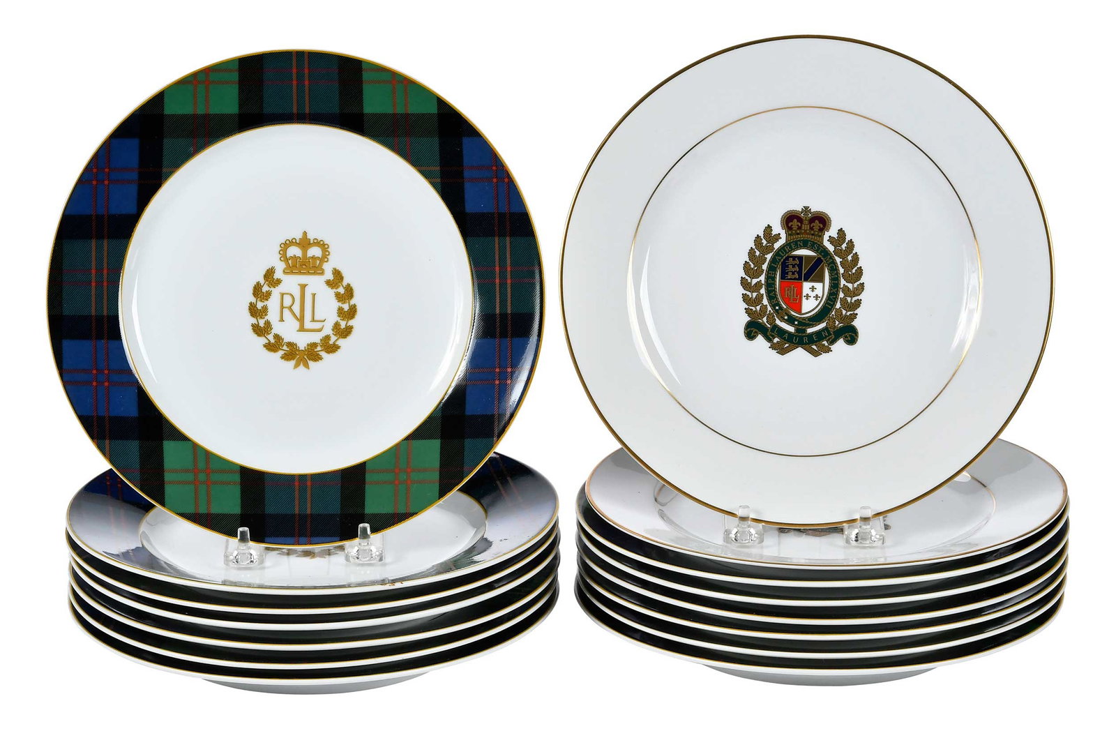 15 Ralph Lauren Porcelain Plates, Knockhill Tartan and Estate Crest: China/Thailand, 20th century, each marked and titled to base, comprising: 13 Knockhill Tartan plates; two Estate Crest plates; each approximately 1 x 9-1/4 x 9-1/4 in. Provenance: Collection of Steve 