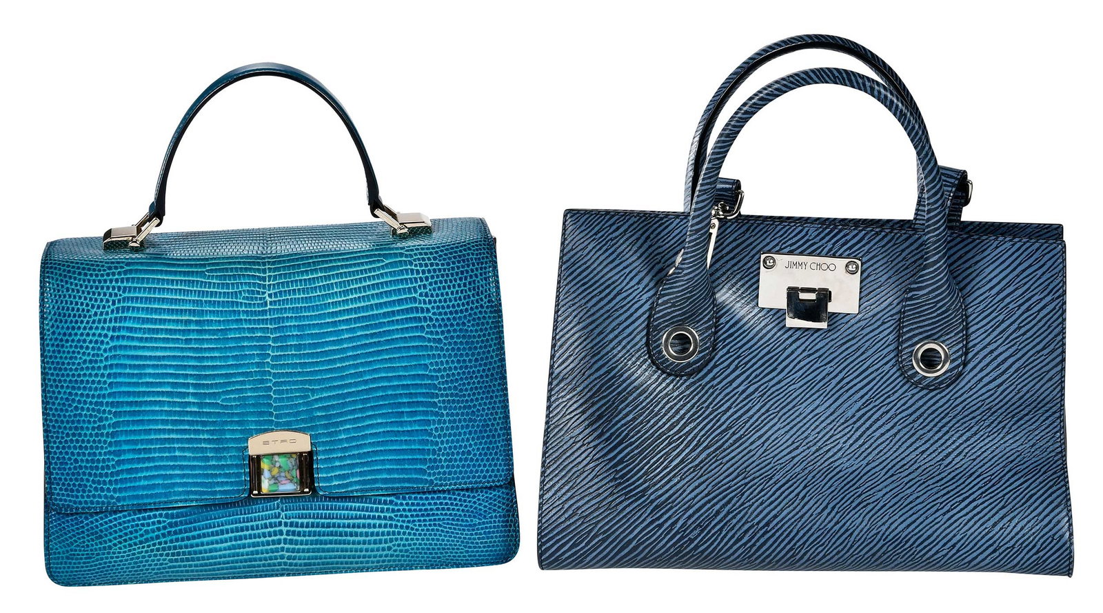 Two Blue Designer Handbags, Jimmy Choo and Etro: Italy, Jimmy Choo Riley leather hand bag, 8-1/2 x 12-1/2 x 5-1/8 in., handle drop 4 in., strap drop 16 in.; Etro embossed leather top handle bag, 8-1/8 x 11-1/4 x 4-1/8 in., handle drop 4-1/2 in. Prov