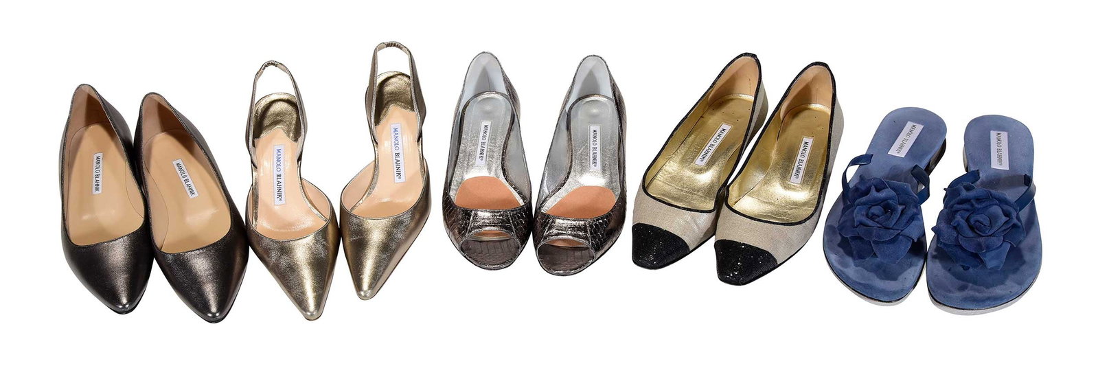 Five Pairs of Manolo Blahnik Assorted Ladies' Shoes: Spain/Italy, all marked size "39-1/2" (US size 8-1/2 or 9), three pairs of flats, one of heels, and one of sandals; in original boxes Provenance: Private Collection, Highlands, North Carolina