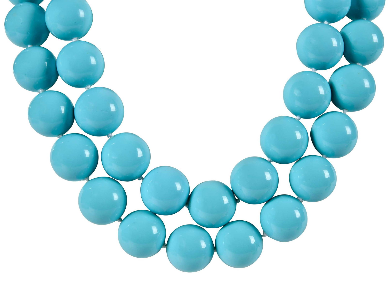 Two Maz Jewelry Beaded Necklaces with Gold Clasps: turquoise colored beads, ornately decorated clasp marked "Maz/18K", the other clasp tests as 14kt, larger length 21-1/2 in. Provenance: Private Collection, Highlands, North Carolina