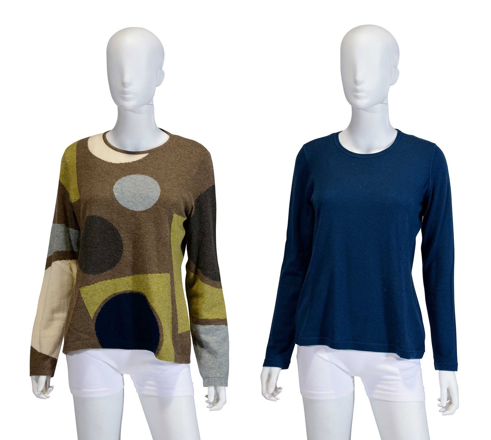 Two Loro Piana Cashmere Sweaters: Italy, brown sweater with geometric motif, tagged size "46", shoulder 15 in., length 23-3/4 in., pit to cuff 19 in.; solid blue sweater, tagged size "48", shoulder 14 in., length 22-3/4 in., pit to cu