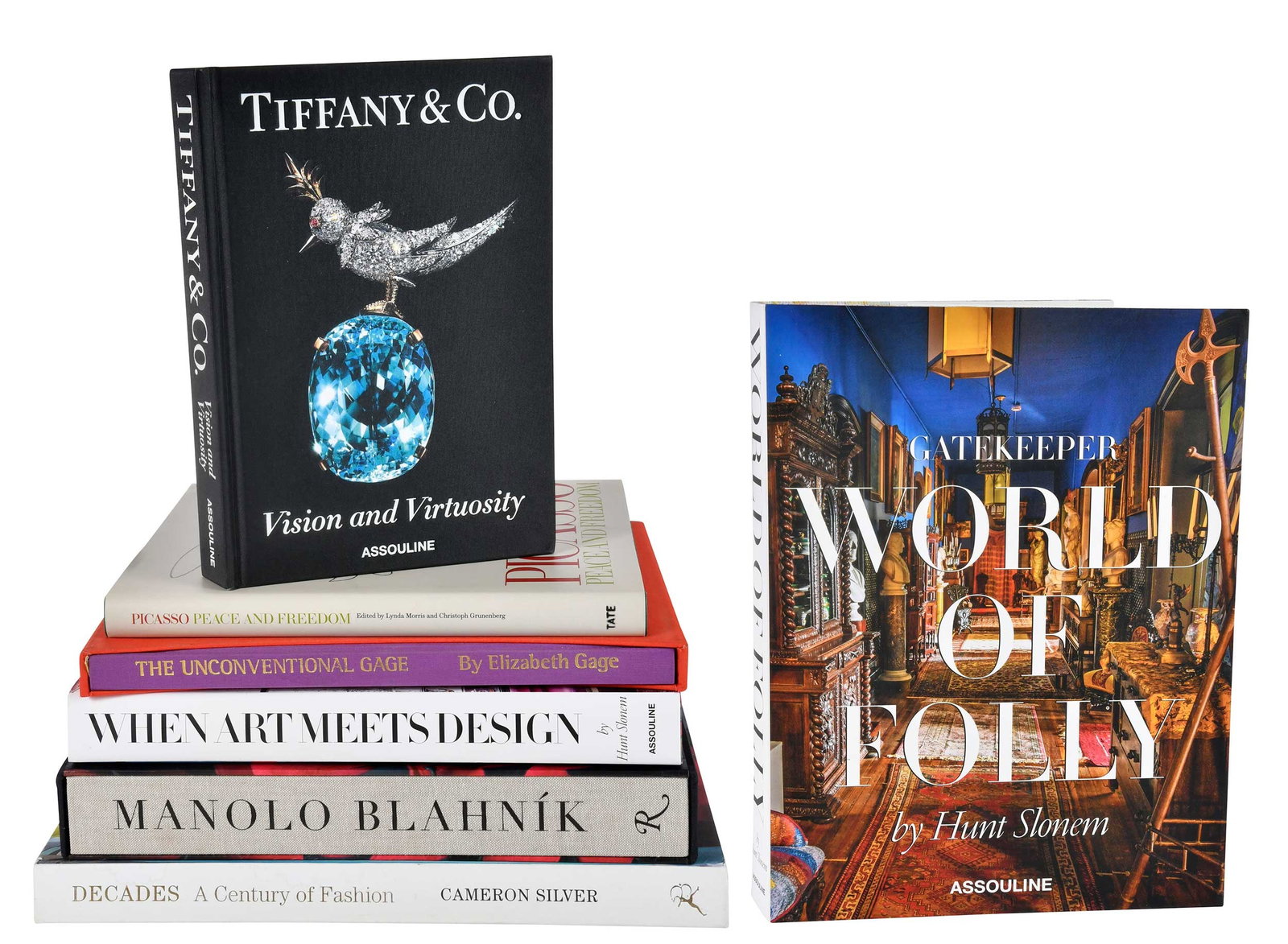 Seven Coffee Table Books, Art, Fashion, and Design: World of Folly, Hunt Slonem, New York: Assouline, 2018, printed cloth boards with pictorial dust jacket, author's inscription and bunny illustration to previous owner at recto of front free fly; Tiffa