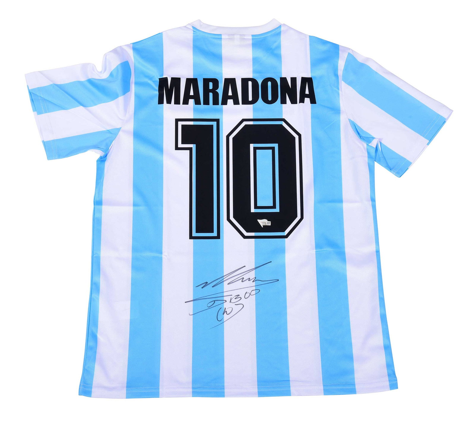 Diego Maradona Signed Argentina Soccer / Futbol Jersey, Fanatics: retro Argentina light blue and white striped jersey #10, signed by Maradona, Fanatics cert #A984941 Provenance: Private Collection