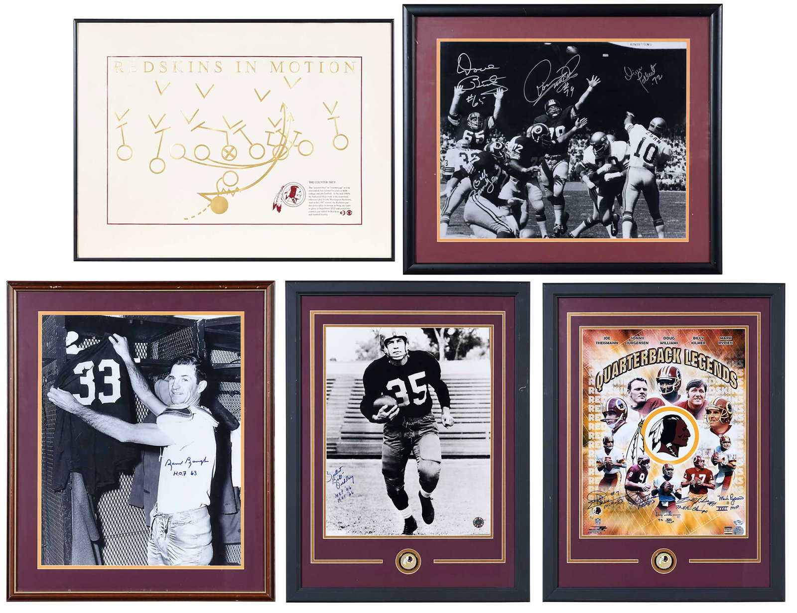 Washington Redskins Framed Memorabilia, Five Pieces: Quarterback Legends, bearing signatures: Joe Theismann, Sonny Jurgensen, Doug Williams, Billy Kilmer, and Mark Rypien, with holograms for Jurgensen and Williams, overall 29-1/2 x 22-1/4 in.; "Bullet B