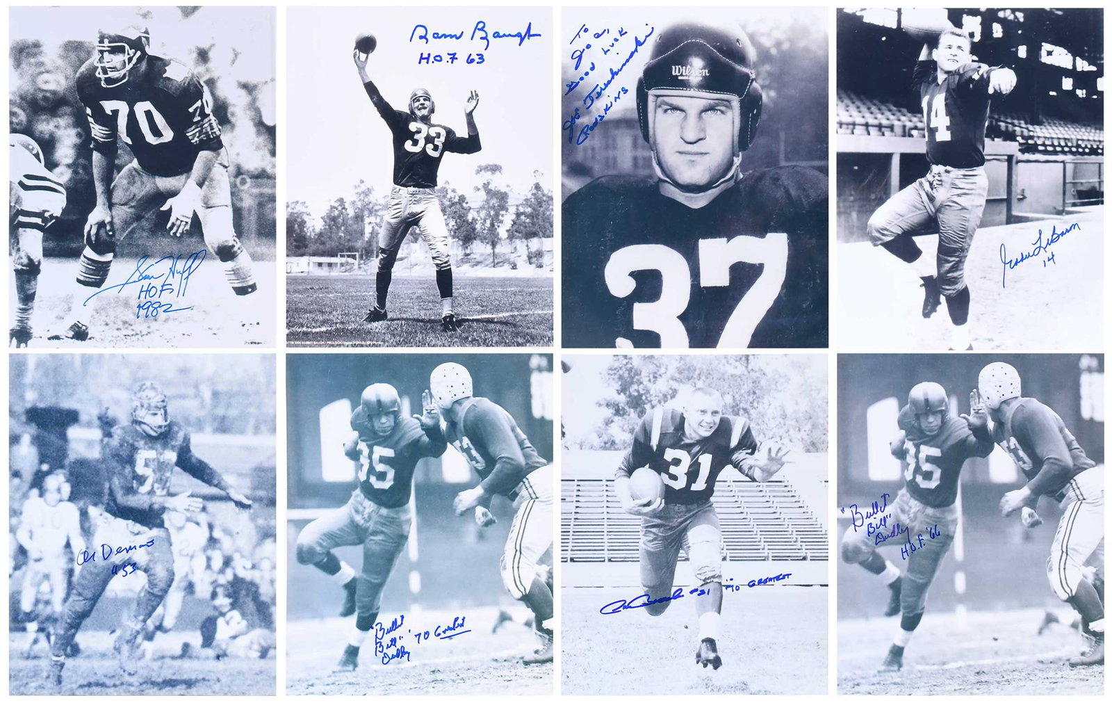 Group of Eight Signed 8x10s, Redskins Greats: "Bullet Bill" Dudley (x2), Don Bosseler, Al DeMao, Joe Tereshinski, Eddie LeBaron, Sam Hough, and Sammy Baugh Provenance: Riddling Estate Note: Our consignor was a regular attendee of many sports conv