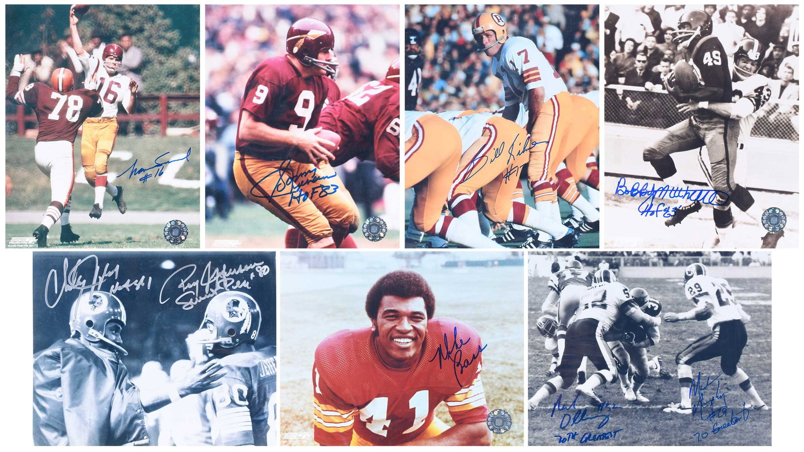 Group of Seven Signed 8x10s, Redskins: Norm Snead, Mike Bass, Bobby Mitchell, Sonny Jurgensen, Billy Kilmer, Mark Murphy/Neal Olkewicz, and Charley Taylor/Roy Jefferson Provenance: Riddling Estate Note: Our consignor was a regular attendee