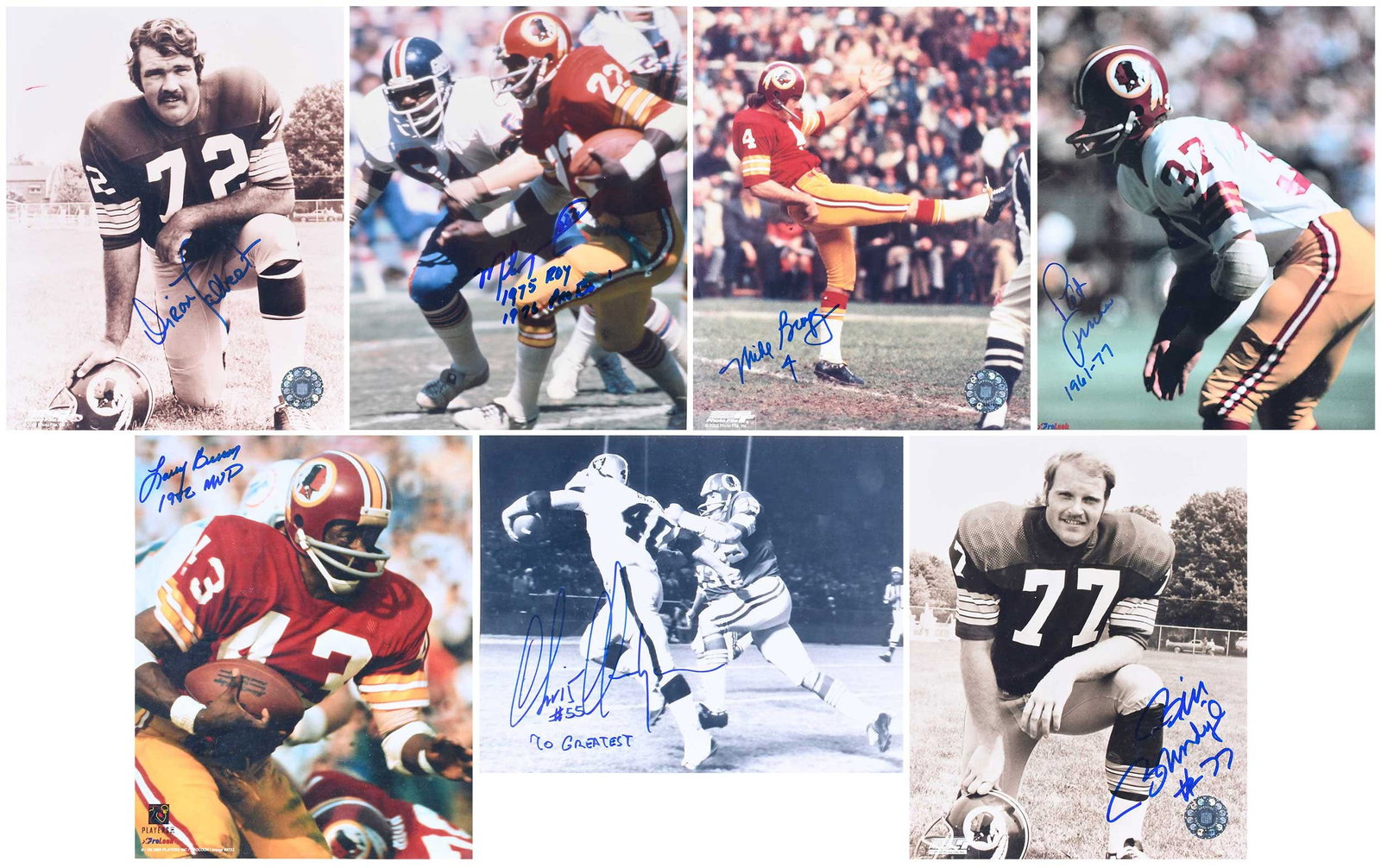 Group of Seven Signed 8x10s, Redskins: Mike Bragg, Larry Brown, Bill Brundige, Pat Fischer, Chris Hanburger, Diron Talbert, Mike Thomas Provenance: Riddling Estate Note: Our consignor was a regular attendee of many sports conventions, most
