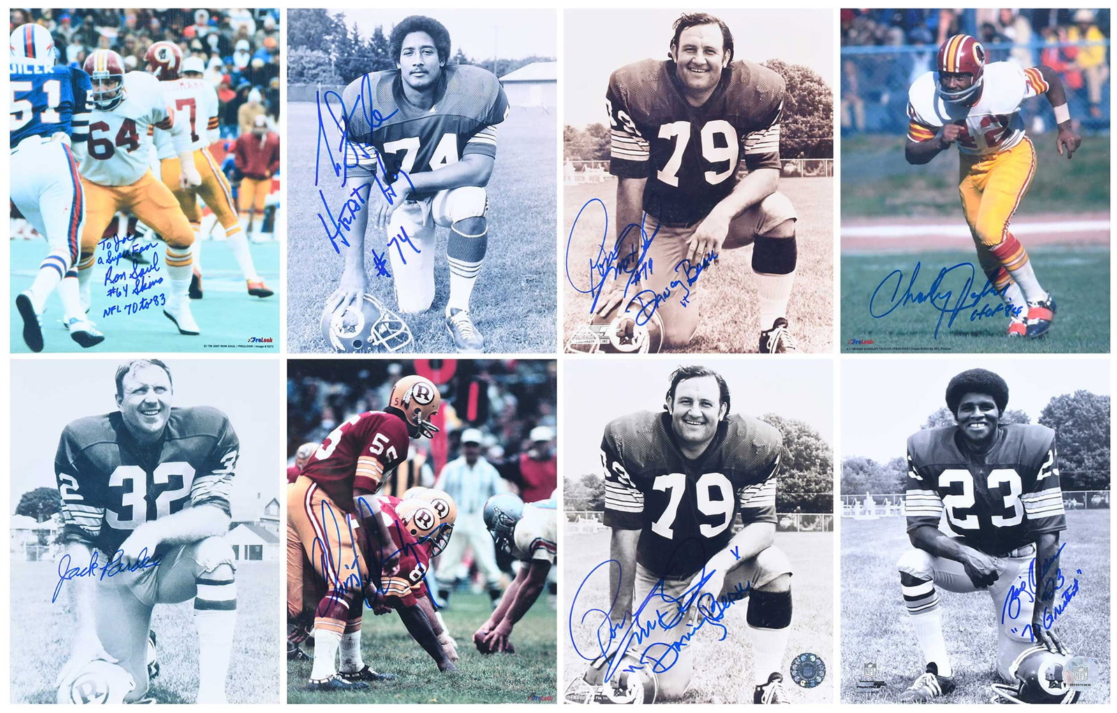 Group of Eight Signed 8x10s, Redskins: Ron McDole "Dancing Bear" (x2), Charley Taylor, Brig Owens, Jack Pardee, Ron Saul, George Starke, Chris Hanburger Provenance: Riddling Estate Note: Our consignor was a regular attendee of many sports 