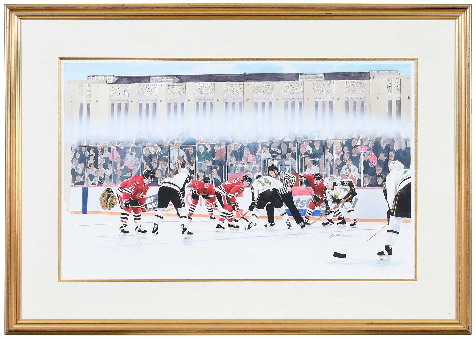 Brad Bennett, Chicago Blackhawks: (Wisconsin/Illinois,1951-2025) Chicago Stadium, Home of the Blackhawks, 1992, signed lower right "Brad Bennett '92", watercolor and tempera on paper, sight 20-1/2 x 33-1/2 in.; gilt wood frame, 32-1/4