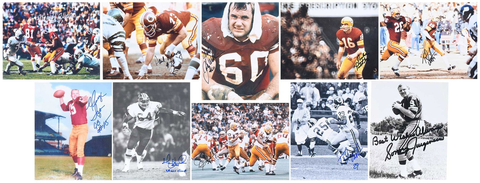 Group of Ten Signed 8x10s, Redskins: John Wilbur, Ted Vactor (x2), Mack Alston, Steve Hamilton, George Izo, Richie Petitbon, Jim Snowden, Paul Laaveg, and Sonny Jurgensen (this one appears to have a printed signature, not live ink), no C