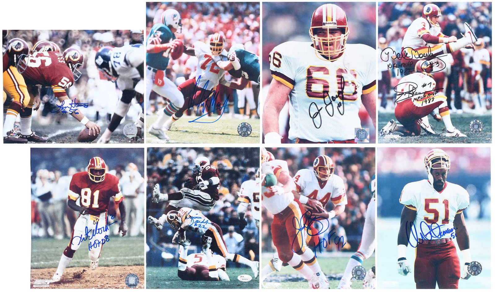 Group of Eight Signed 8x10s, Redskins: Curtis Jordan (JSA sticker and card, but online lookup unsuccessful), John Riggins, Art Monk, Joe Theismann/Mark Moseley, Monte Coleman, Len Hauss, Dexter Manley, Joe Jacoby Provenance: Riddling Estat