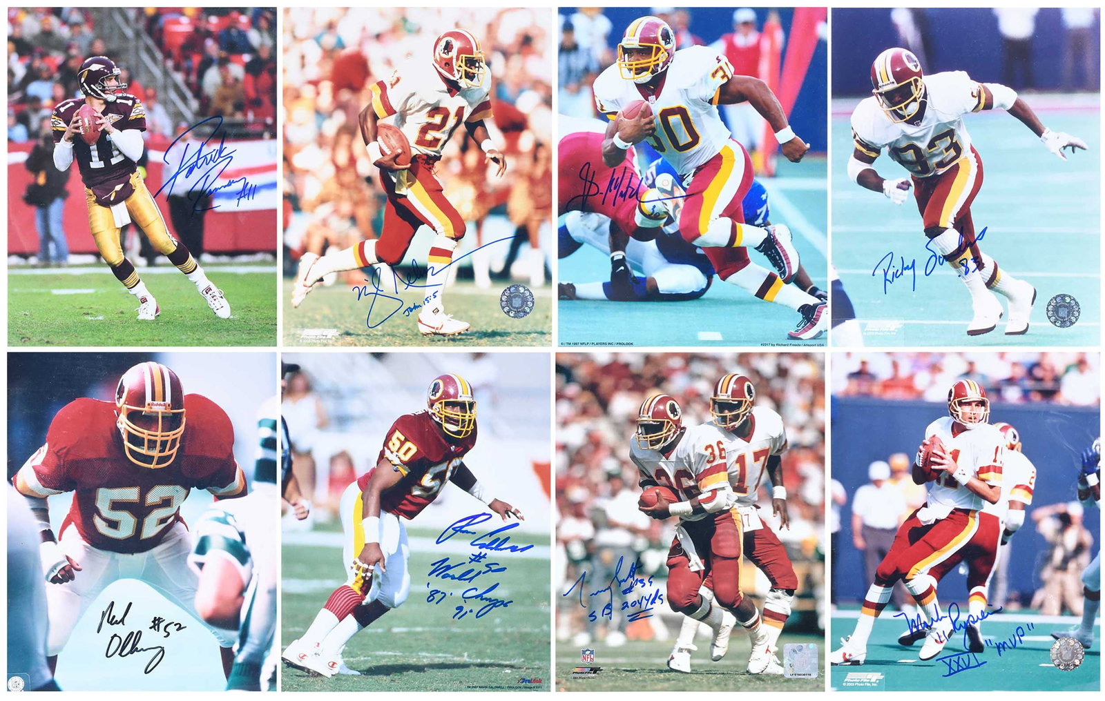 Group of Eight Signed 8x10s, Redskins: Ravin Caldwell, Mike Nelms, Neal Olkewicz, Patrick Ramsey, Mark Rypien, Ricky Sanders, Timmy Smith, Brian Mitchell Provenance: Riddling Estate Note: Our consignor was a regular attendee of many sports
