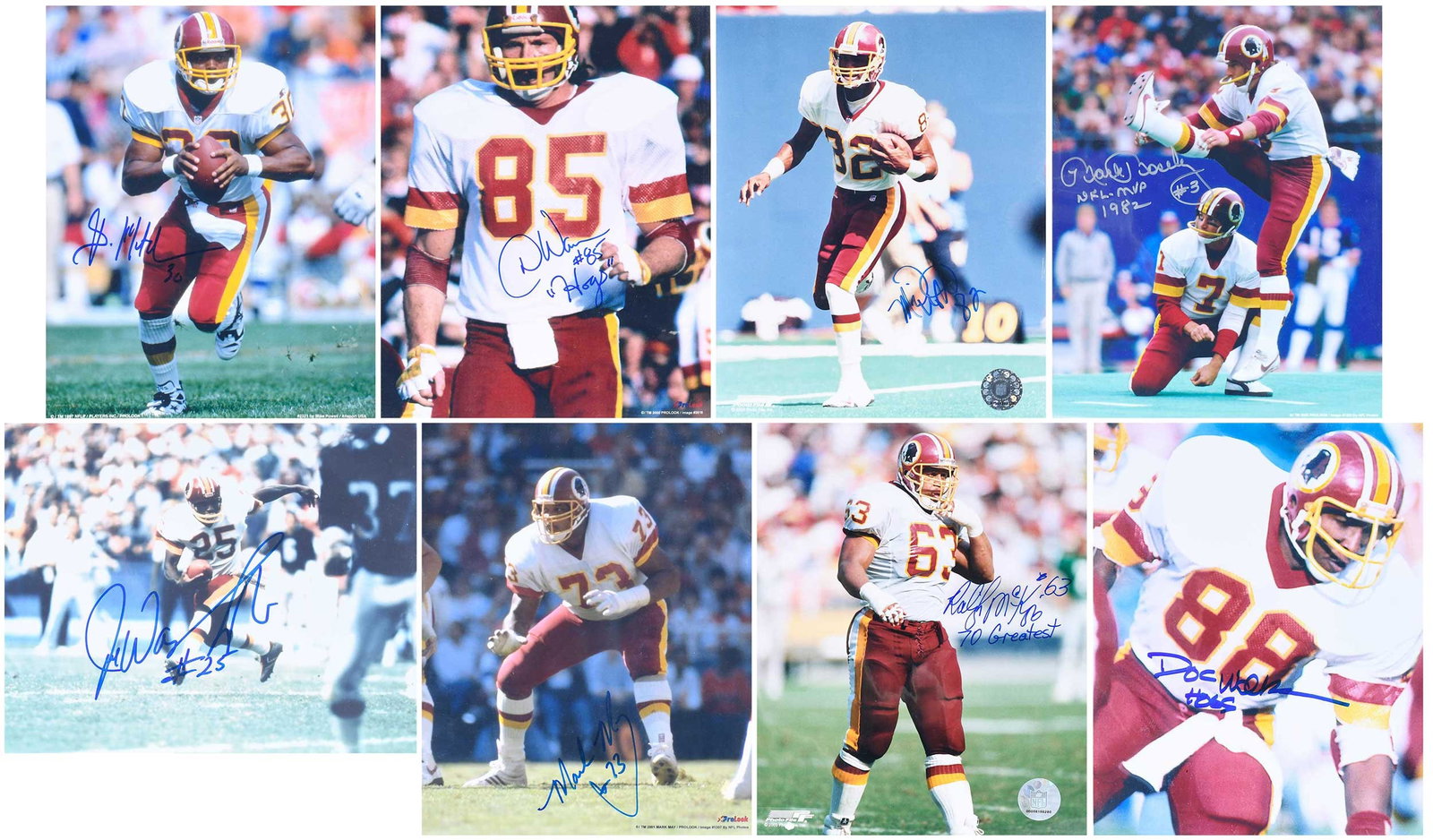 Group of Eight Signed 8x10s, Redskins: Doc Walker, Don Warren, Joe Washington, Michael Westbrook, Mark May (with extra signed card), Raleigh McKenzie, Brian Mitchell, Mark Moseley Provenance: Riddling Estate Note: Our consignor was a regul