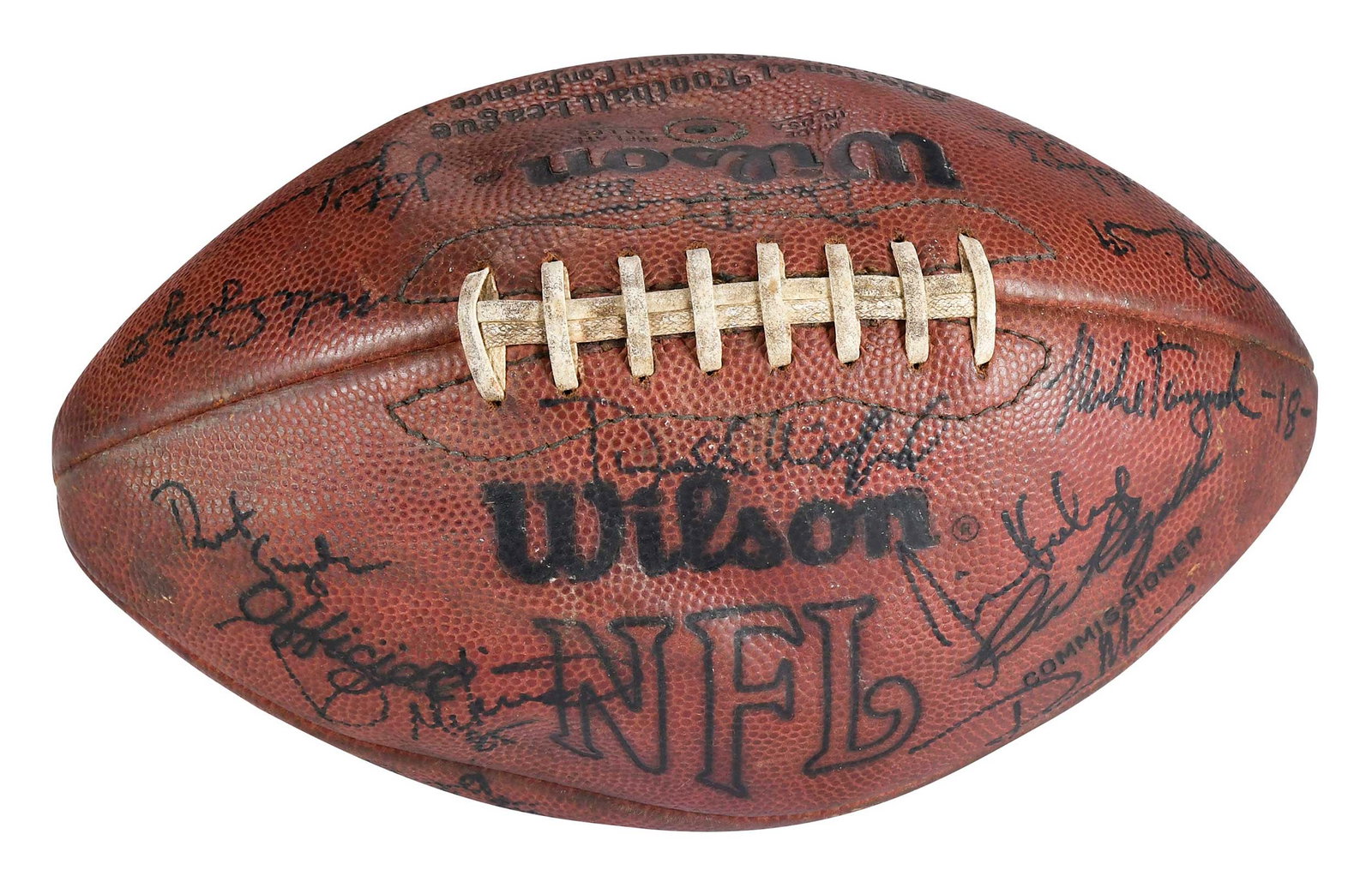 Signed Chicago Bears Football, Circa 1985: approximately 30 signatures to include: William Perry, Dan Hampton, Richard Dent, Ron Rivera, Mike Singletary, Mike Tomczak, Keith Van Horne, and others Provenance: Collection of Anne McPherson and th
