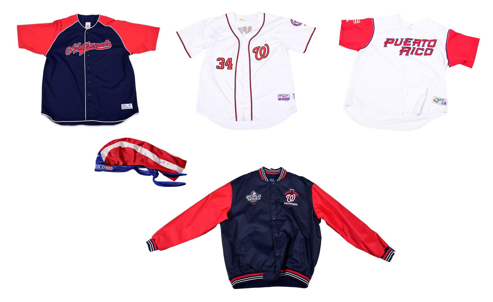 Baseball Apparel, Washington Nationals and Puerto Rico, Five Pieces: Washington Nationals 2019 World Series Champions jacket, new with tags, size 2XL; blue and red Nationals jersey, by True Fan, size XXL; Bryce Harper, white 'Nationals' #34 jersey, by Majestic Authenti