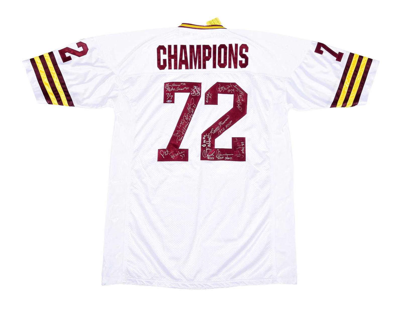 "1972 Washington Redskins Champions" Signed Jersey: XL size white jersey, limited edition numbered 7/7 and with Leader In Sports hologram sticker, jersey number "72" with signatures of: Len Hauss, Mike Bass, Bill Brundige, Charlie Harraway, Paul Laaveg