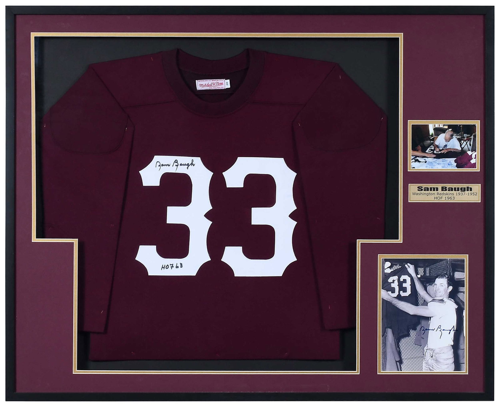 Sammy Baugh Signed and Framed Jersey [Redskins]: signed Mitchell & Ness jersey with additional inscription "HOF 63", matted and framed, with signed black and white photo and photographic evidence of him signing the jersey, 2003 show ticket mounted t