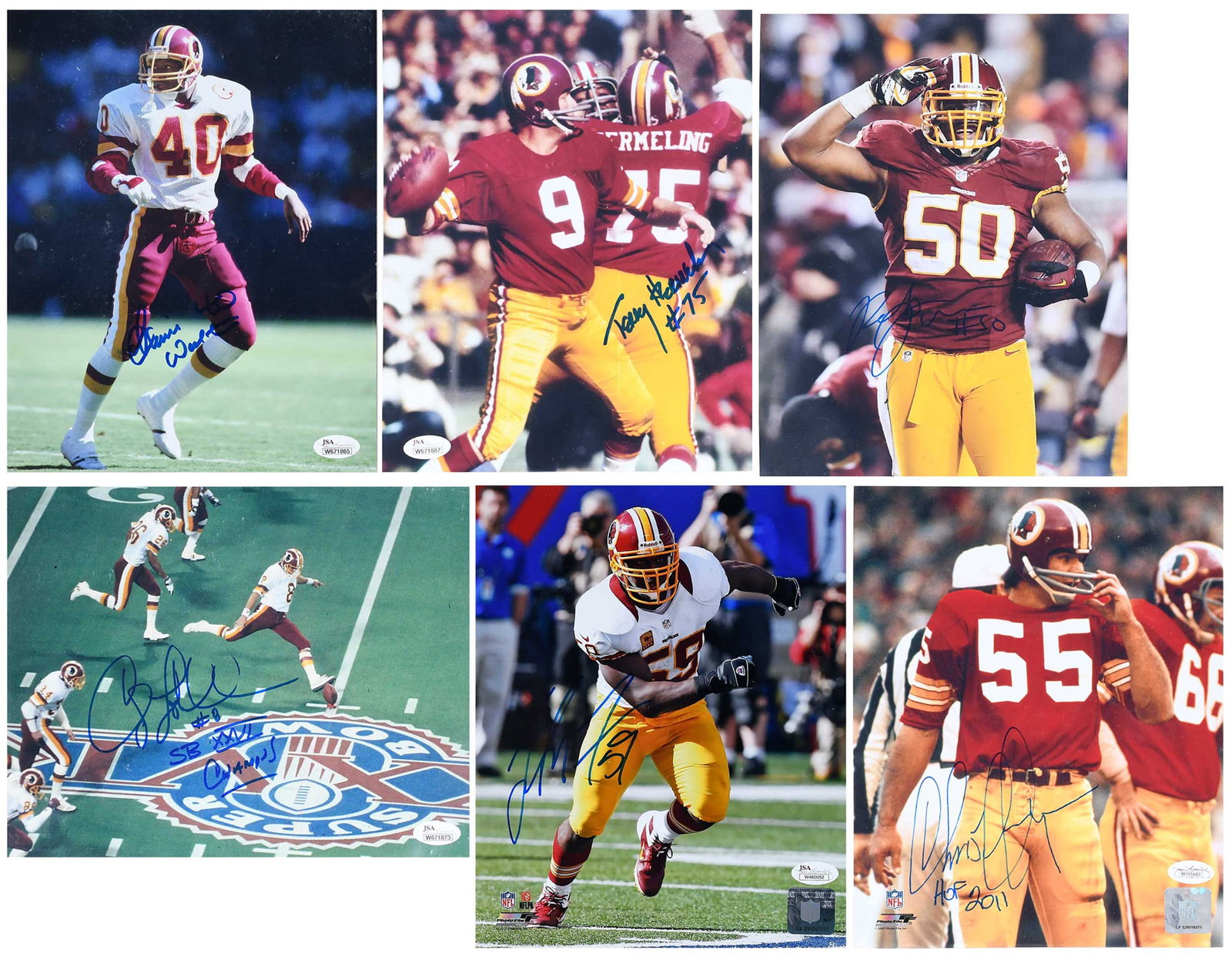 Group of Six Signed 8x10s, Redskins (JSA): includes: Chris Hanburger, Terry Hermeling, Alvin Walton, London Fletcher, Rob Jackson, and Chip Lohmiller Provenance: Riddling Estate