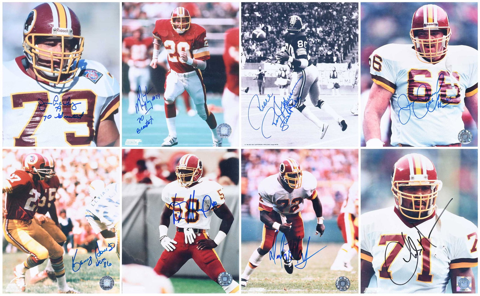 Group of Eight Signed 8x10s, Redskins: Dexter Manley, Charles Mann, Wilber Marshall, Kenny Houston, Joe Jacoby, Roy Jefferson, Jim Lachey, Mark Murphy Provenance: Riddling Estate Note: Our consignor was a regular attendee of many sports co