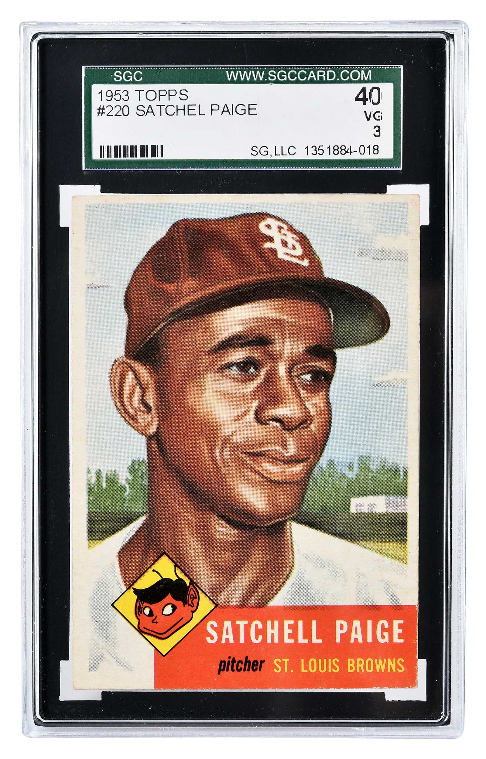 1953 Topps Satchel Paige: #220 in the 1953 Topps set, with first name misspelled "Satchell" on card front Provenance: Private Collection Note: Leroy "Satchel" Paige was a pitcher who excelled in the Negro Leagues and eventuall