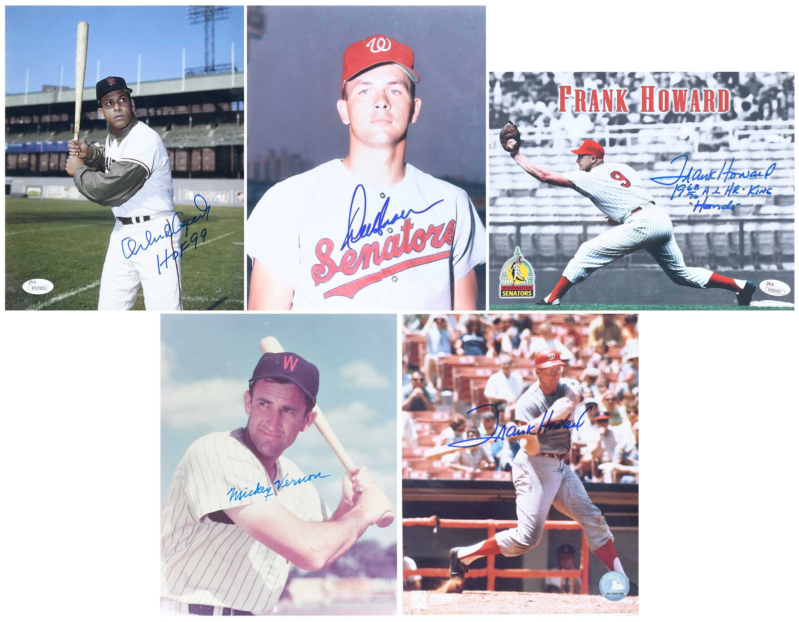 Five Baseball Signed 8x10s, Some JSA: Orlando Cepeda (JSA), Del Unser, Mickey Vernon, Frank Howard (includes two, one is JSA authenticated) Provenance: Riddling Estate