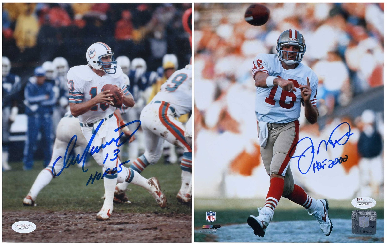 Joe Montana and Dan Marino, Signed Color 8x10s (JSA): Joe Montana, with inscription "HOF 2000", JSA Witnessed #W528662; Dan Marino, with inscriptions "13" and "HOF05", JSA Witnessed #W158905 Provenance: Riddling Estate