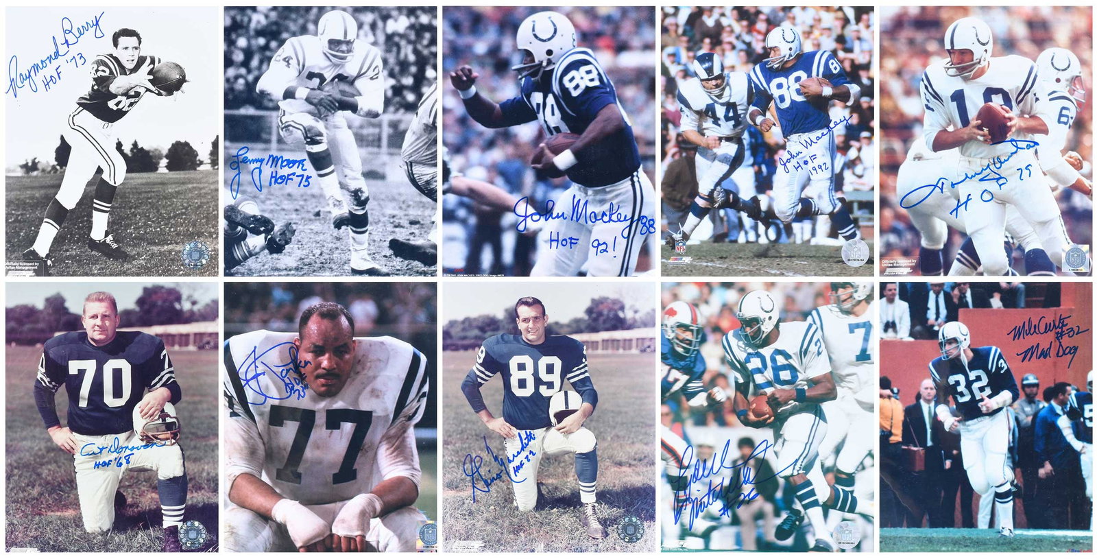 Group of Ten Signed 8x10s, Colts: Johnny Unitas, Mike Curtis, Lydell Mitchell, John Mackey (x2), Gino Marchetti, Lenny Moore, Jim Parker, Raymond Berry, Art Donovan Provenance: Riddling Estate Note: Our consignor was a regular attende