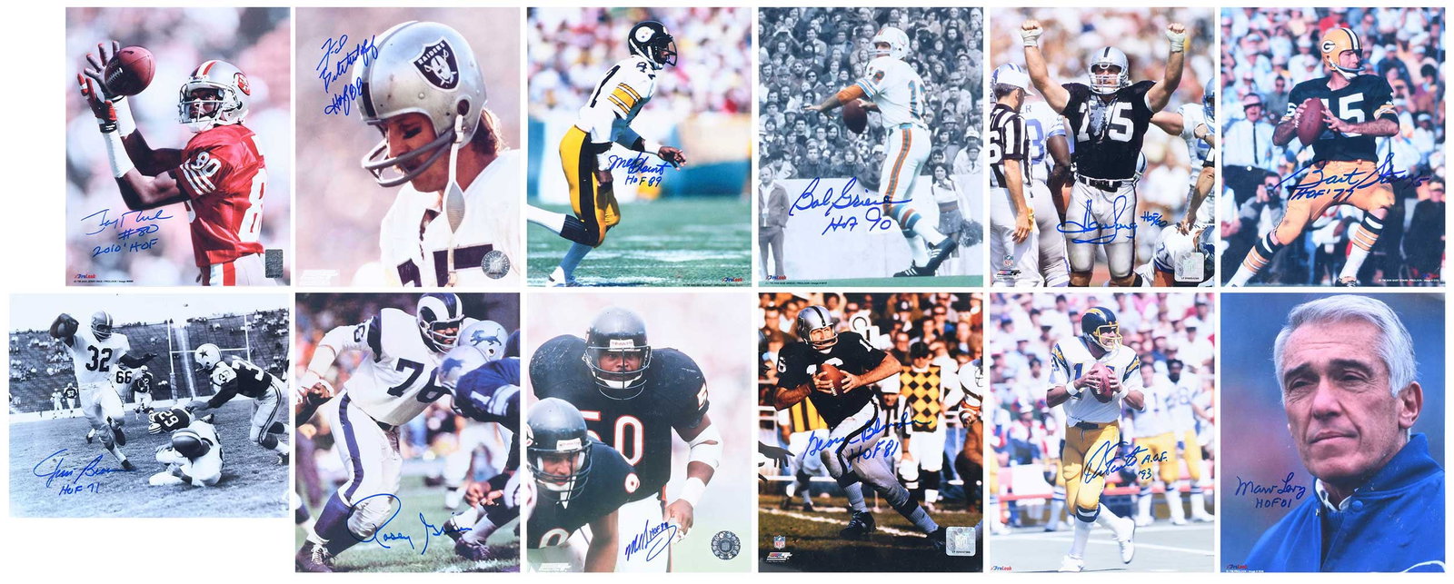 Group of Twelve NFL Signed 8x10s: Bart Starr, Marv Levy, Howie Long, Dan Fouts, Bob Griese, Jim Brown, Mel Blount, George Blanda, Fred Biletnikoff, Mike Singletary, Rosey Grier, Jerry Rice, no COAs present with this group Provenance: 