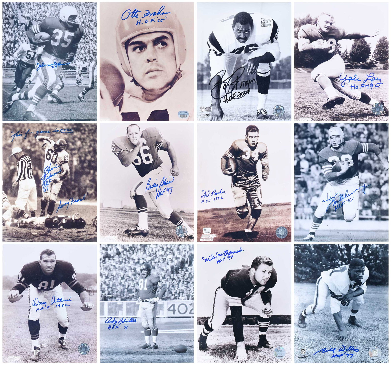 Group of Twelve NFL Signed 8x10s: Hugh McElhenny, Bill Willis, Mike McCormack, Ace Parker, Andy Robustelli, Billy Shaw, Doug Atkins, Chuck Bednarik (with a classic inscription!), Bob Brown, Yale Lary, John Henry Johnson, Otto Graham