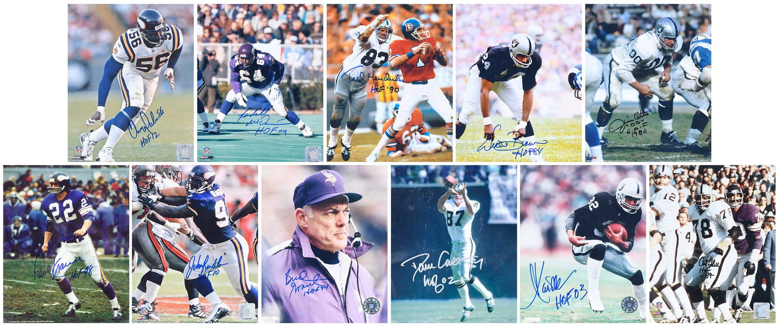 Group of Eleven NFL Signed 8x10s, Raiders, Vikings: Jim Otto, Art Shell, Marcus Allen, Willie Brown, Dave Casper, Ted Hendricks, Coach Bud Grant, Randall McDaniel, John Randle, Chris Doleman, Paul Krause Provenance: Riddling Estate Note: Our consignor 