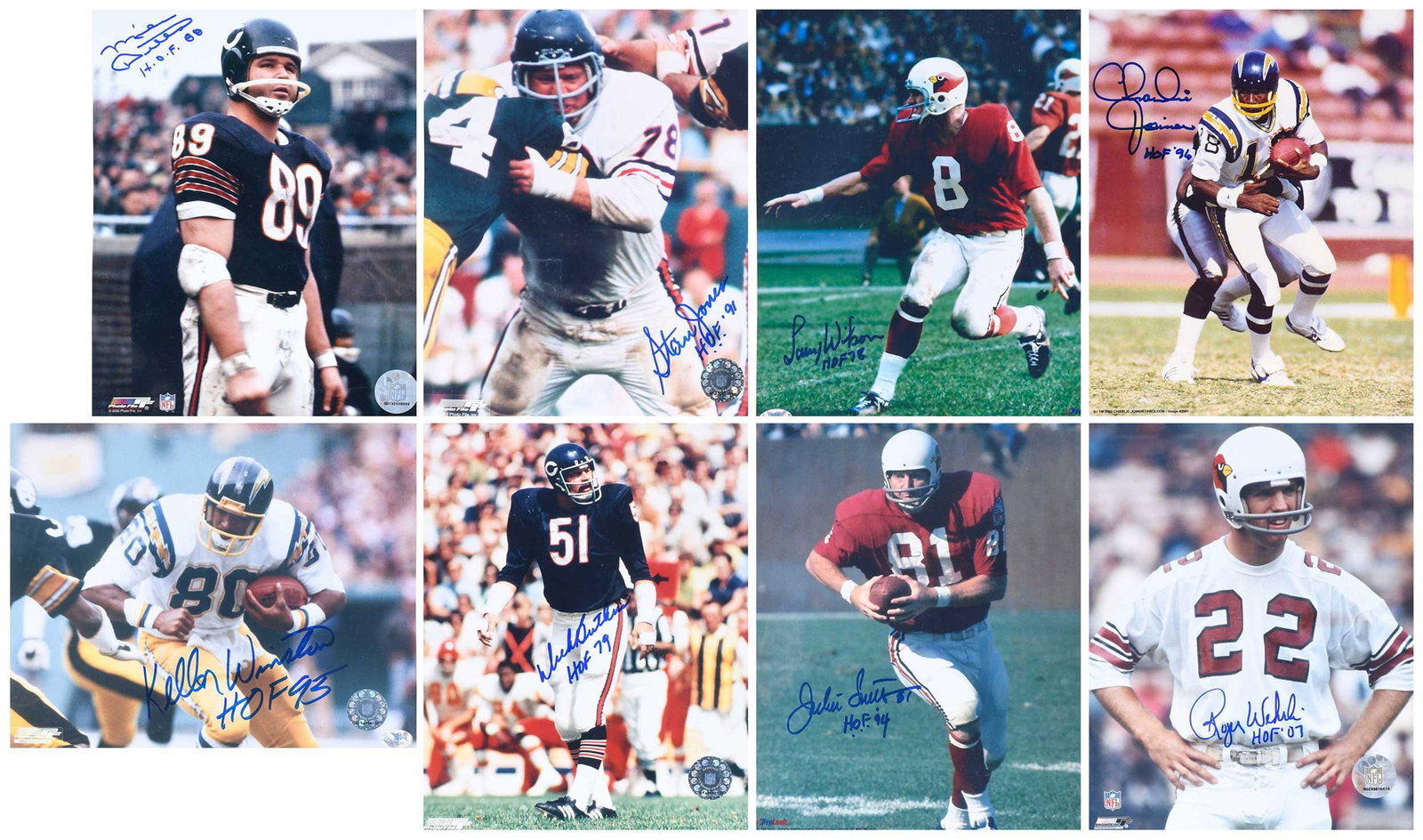 Group of Eight NFL Signed 8x10s, Chargers, Cardinals, Bears: Charlie Joiner, Kellen Winslow, Roger Wehrli, Larry Willson, Jackie Smith, Stan Jones, Mike Ditka, Dick Butkus Provenance: Riddling Estate Note: Our consignor was a regular attendee of many sports