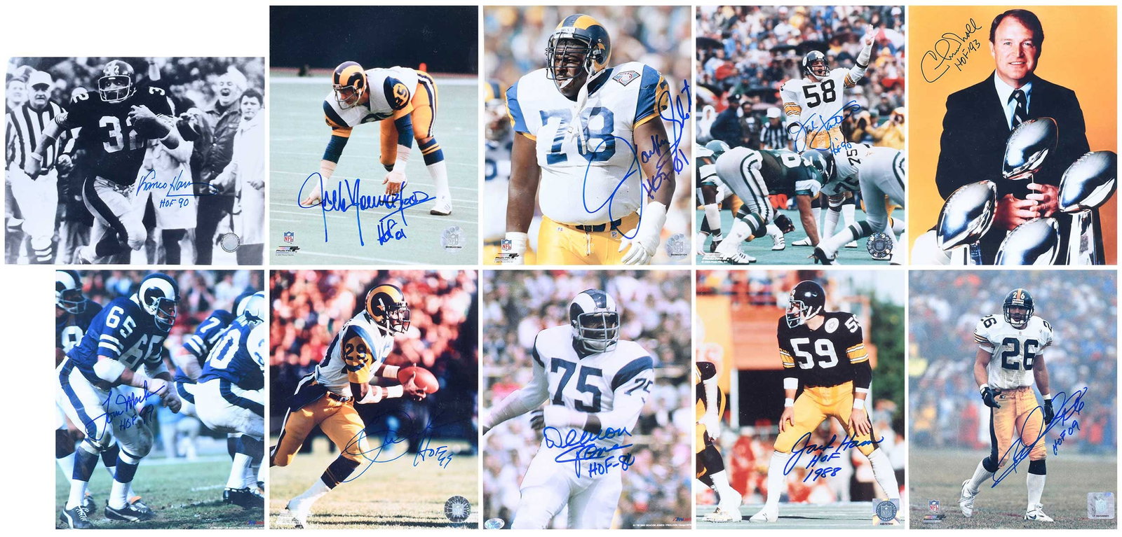 Group of Ten NFL Signed 8x10s, Steelers, Rams: Chuck Noll, Rod Woodson, Franco Harris, Jack Ham, Jack Lambert, Deacon Jones, Eric Dickerson, Jackie Slater, Jack Youngblood, Tom Mack Provenance: Riddling Estate Note: Our consignor was a regular