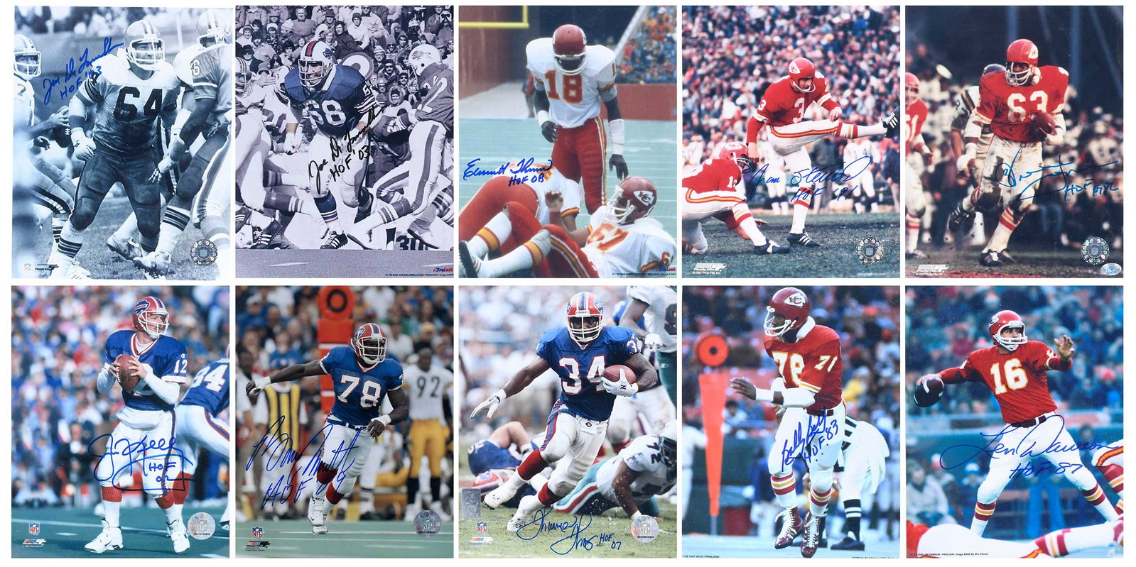 Group of Ten NFL Signed 8x10s, Chiefs, Bills: Willie Lanier, Len Dawson, Bobby Bell, Jan Stenerud, Emmitt Thomas, Thurman Thomas, Bruce Smith, Joe DeLamielleure (x2), Jim Kelly Provenance: Riddling Estate Note: Our consignor was a regular