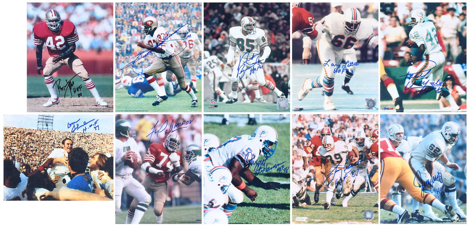 Group of Ten NFL Signed 8x10s, Dolphins, 49ers: Paul Warfield, Jim Langer, Larry Little, Larry Csonka, Nick Buoniconti, Coach Don Shula, Dwight Stephenson, Jimmy Johnson (DB with 49ers, not the Dolphins coach), Ronnie Lott, Fred Dean Provenance: