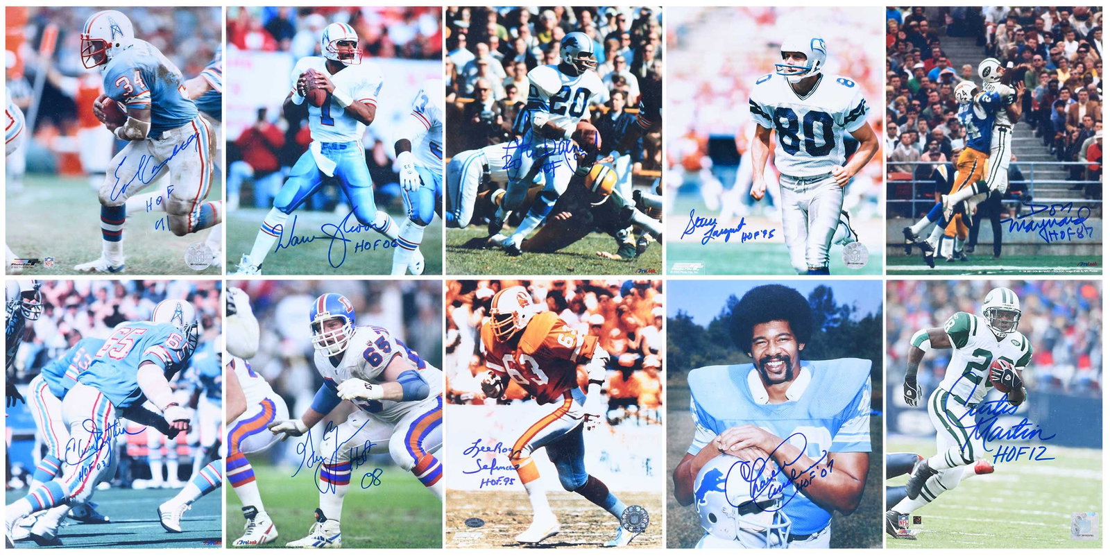 Group of Ten NFL Signed 8x10s, Seahawks, Lions, Bucs, Broncos, Oilers, Jets: Steve Largent, Charlie Sanders, Lem Barney, Lee Roy Selmon, Gary Zimmerman, Warren Moon, Elvin Bethea, Earl Campbell, Don Maynard, Curtis Martin Provenance: Riddling Estate Note: Our consignor was a