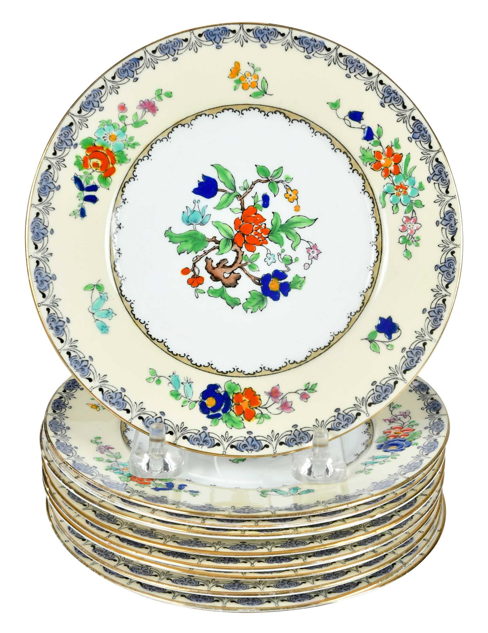 Ten Adderleys Ltd. for Tiffany & Co. Porcelain Side Plates: English, 20th century, with enamel floral motifs, gilt rims, makers marks to bases, 1/2 x 6 x 6 in. Provenance: Private Collection