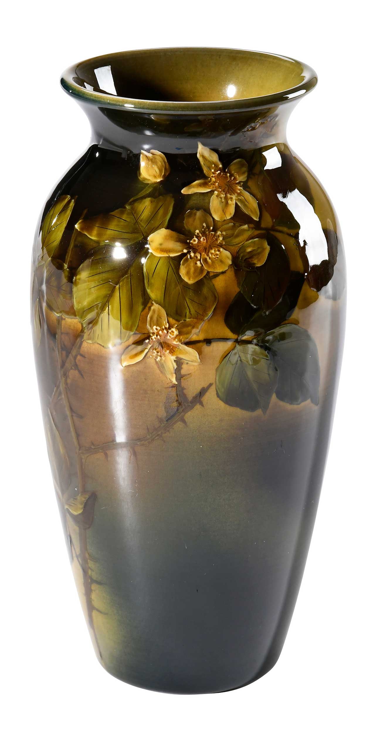 Rookwood Pottery Vase, Signed Josephine Zettel: late 19th/early 20th century, Rookwood mark and "568B/W" stamped to underside of base, with incised initials "JEZ" to underside of base, approx. 9 x 4 x 4 in. Provenance: By descent in family