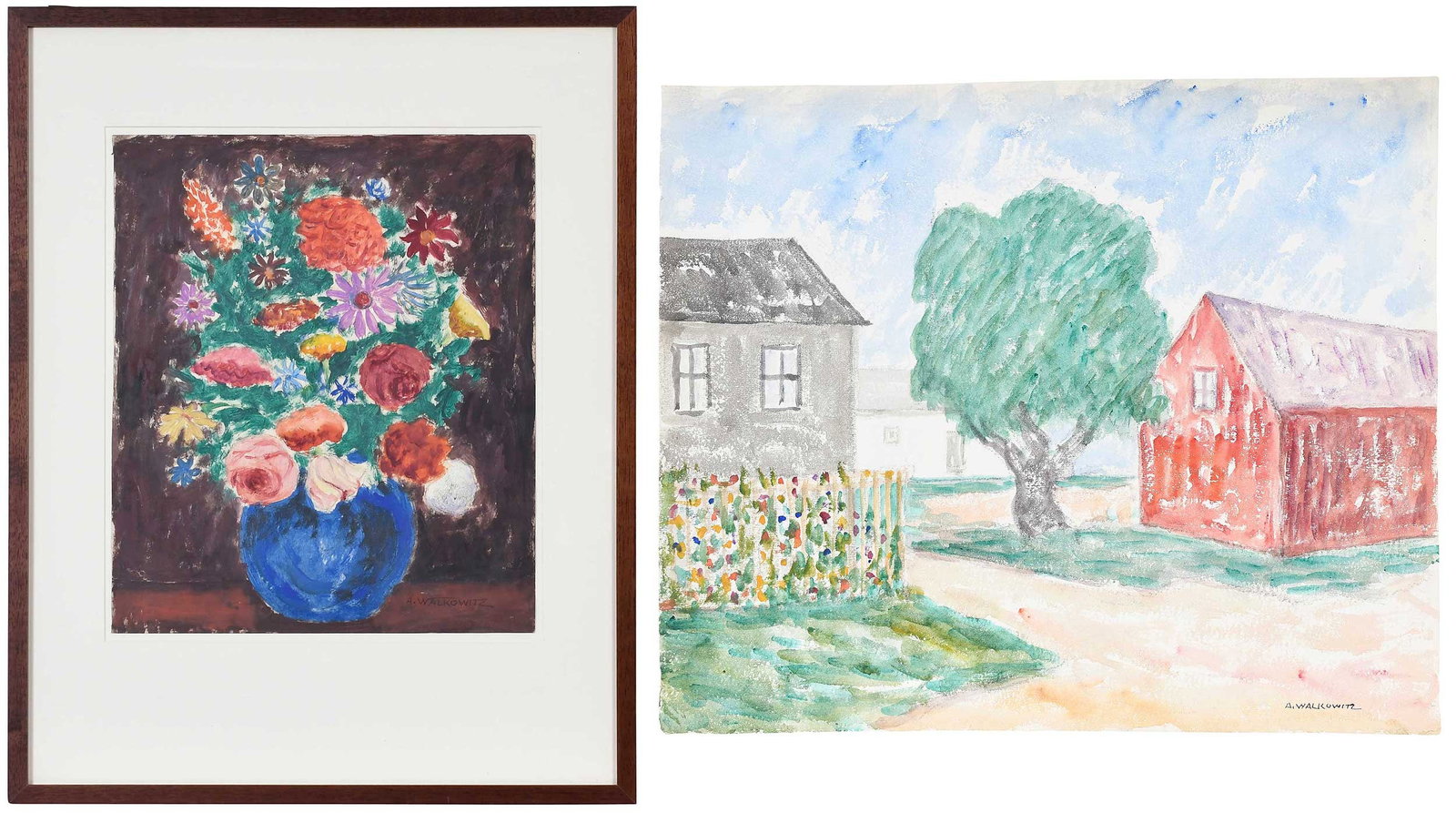 Abraham Walkowitz, Two Paintings of Flowers: (Russian/America, 1878-1965) Flowers #1, circa 1930, signed "A. Walkowitz" lower right, oil on paper, sheet, 18-1/4 x 15-1/2 in.; modern wood frame, 29-1/8 x 23-1/8 x 1-3/8 in.; Garden, signed "A.