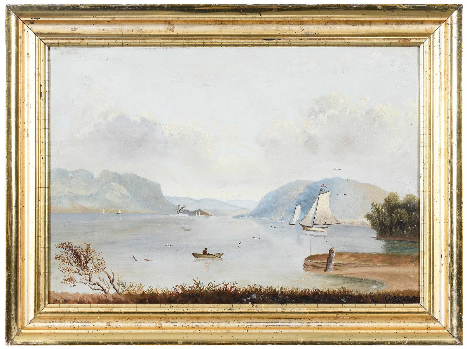 Hudson River School Painting: (American, 19th century) Hudson River Scene with Boats, signed lower right "Amanda," possibly dated lower right written illegibly, oil on tin, 14 x 20 in.; gilt wood frame, 17-5/8 x 23-1/2 x 1-3/8
