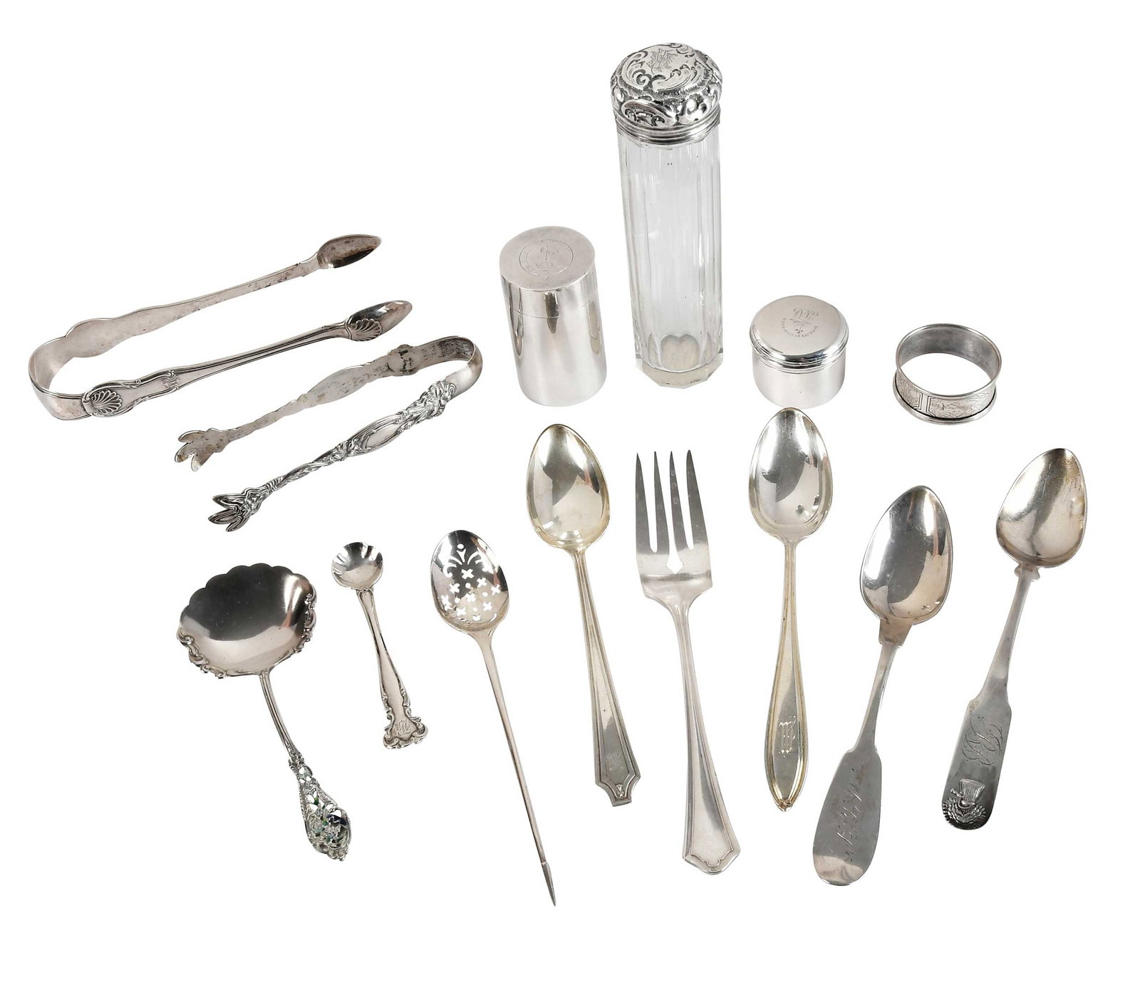 30 Sterling, English Silver, and Coin Table Items: 18th/20th century, including five pieces English silver: two solid silver dresser jars; one glass jar with silver top; pair of tongs; early mote spoon, 13 pieces sterling including Tiffany demitasse