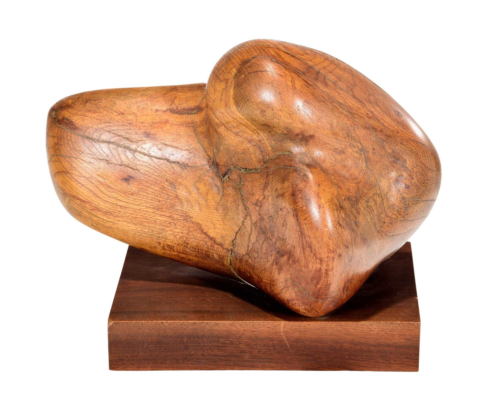 American School Modern Sculpture: (20/21st century) Abstract Wooden Form, unsigned, carved oak on black walnut plinth, 14-1/2 x 18-1/2 x 11 in.