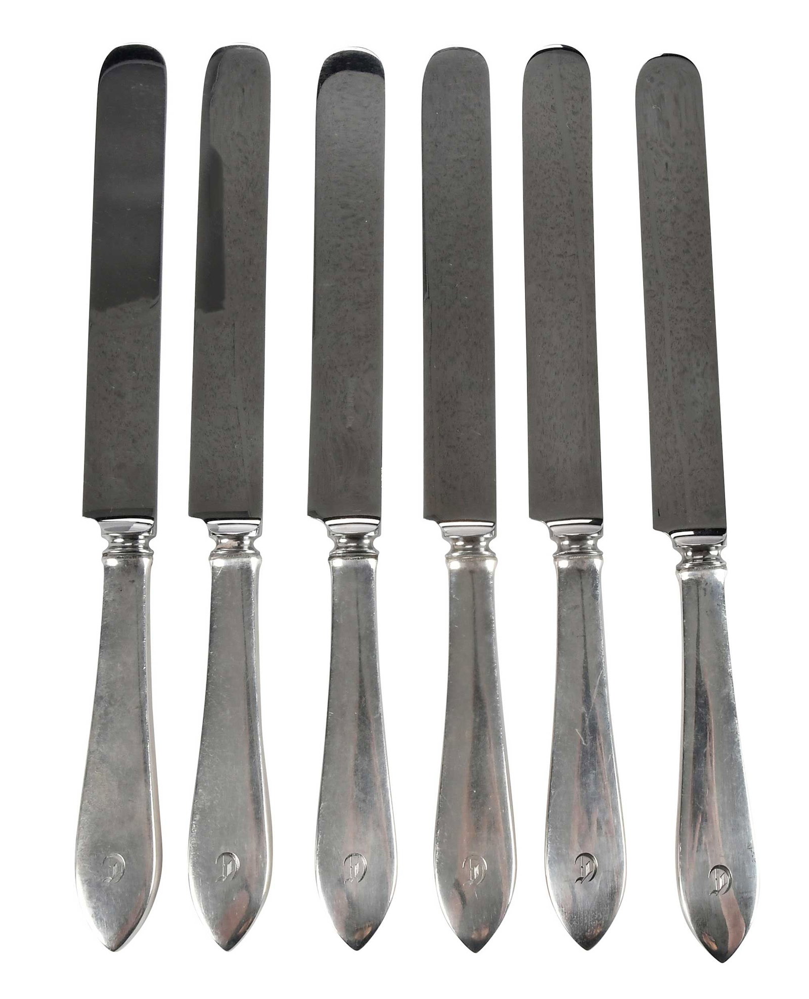 Set of Six Tiffany Faneuil Sterling Knives: American, 20th century, stainless blunt blades, monograms, marks for Tiffany & Co., 10-3/8 in. Provenance: By descent in family