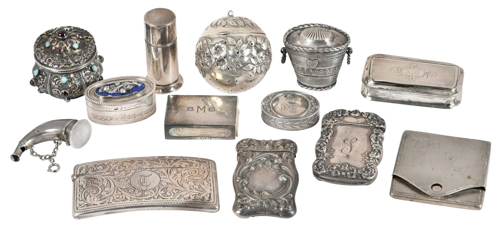 13 American and English Silver Cases: 19th/20th century, including Tiffany sterling stamp and envelope moistener; Cartier sterling match box cover; three French silver box, one with enamel top; German envelope form case; Netherlands