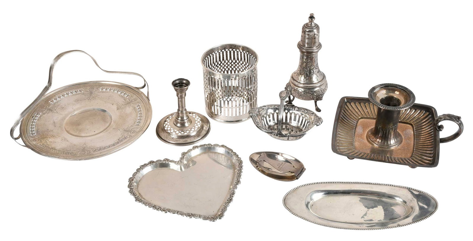 26 Sterling and One Tiffany Silver Plate Table Items: American, 20th century, including set of six small nut dishes; pair casters; pair candlesticks; heart shape tray; oval tray; porringers; bowl; glass and sterling coasters; Tiffany medicine spoon and