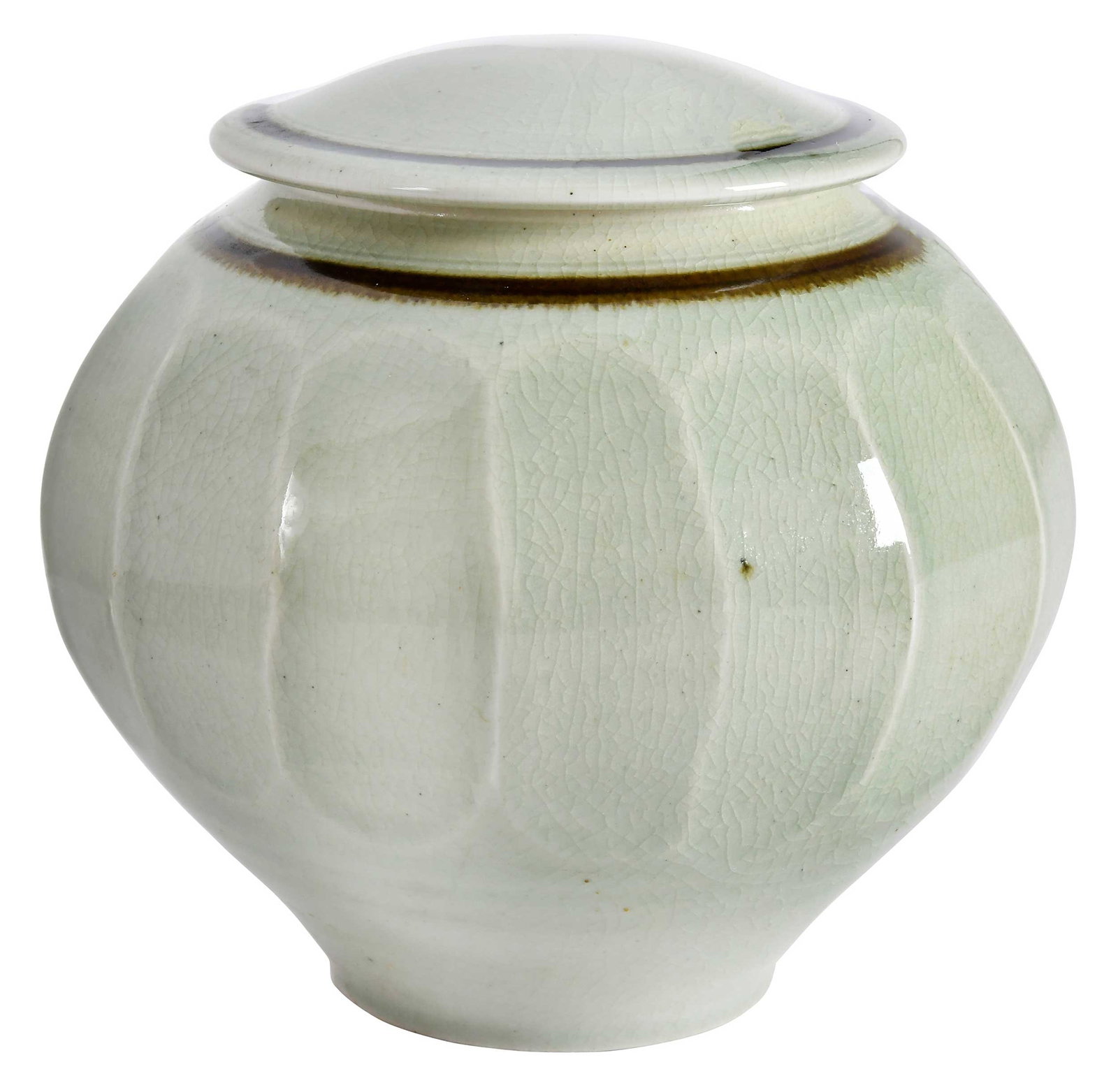 Tom Turner Studio Art Pottery Lidded Jar: (American/North Carolina, born 1945) brown and celadon glaze, signed and dated to base "Tom Turner '77", 6-3/8 x 6-5/8 x 6-5/8 in. Provenance: Collection of Anne McPherson and the late John Bivins