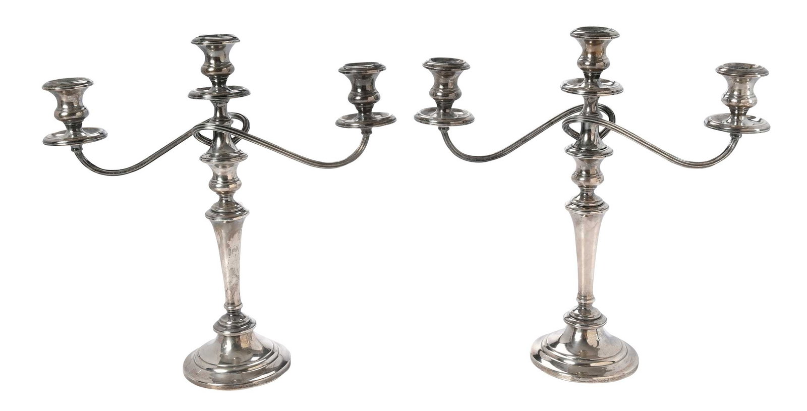 Pair Sterling Weighted Candelabra: American, 20th century, two arm, no monogram, marks for Gorham, weighted bases, 15-1/4 x 14-1/2 x 5 in. Provenance: Lifetime Collection of a Granville, Ohio Collector